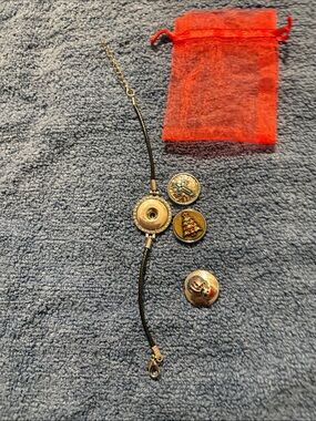 Black Leather Bracelet with Gold-Tone Holiday Charms